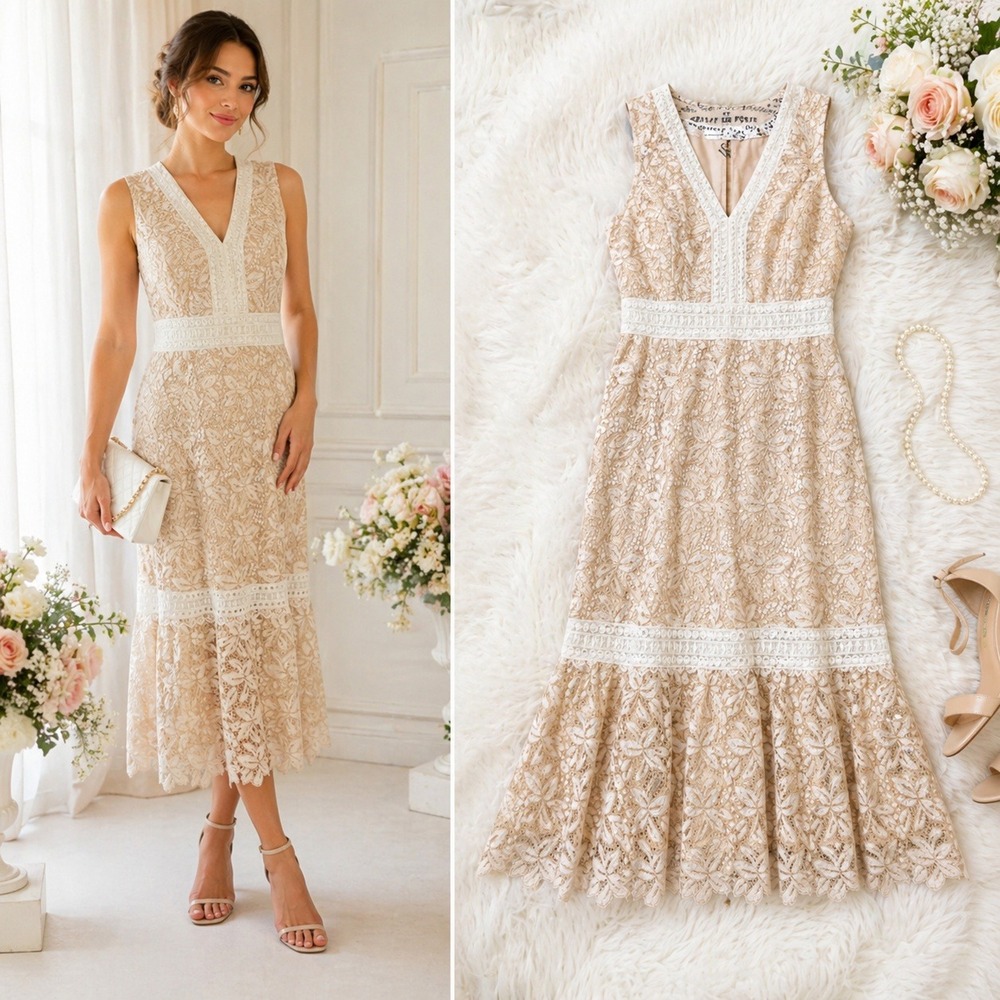 Antonio Melani Egot Lace Midi Dress Ivory Biscotti Bridal Coquette Size 6 NWT